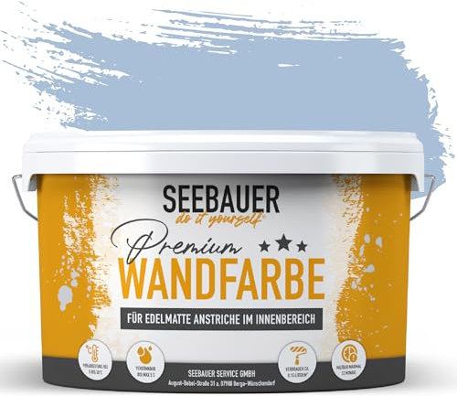 SEEBAUER diy Wandfarbe Blau 2,5L für Innen (No. 845 Pale Heaven) Edelmatte blaue Innenfarbe - Blautöne sehr hohe Deckkraft - Matt, Abwaschbar und Tropffrei