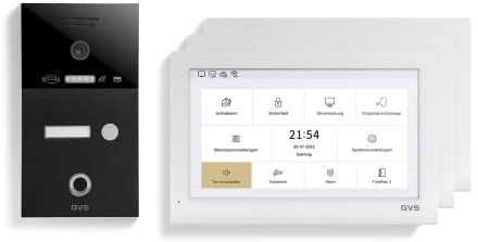 GVS - IP Video Türsprechanlage mit Türöffner, Fingerprint & RFID, HD Kamera, 3X 10 Zoll Monitor & App - Smarte Video Türklingel mit Kamera & Gegensprechanlage für 1 Familienhaus (AVS5447U)