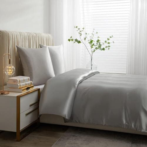 Luowei Satin Bettwäsche 135x200cm Grau Luxus Seide Super Weich Mikrofaser Bettwäsche Set Anti Falten Anti Fading Antifouling Bettbezug + 1 Kissenbezug 80x80cm mit Reißverschluss