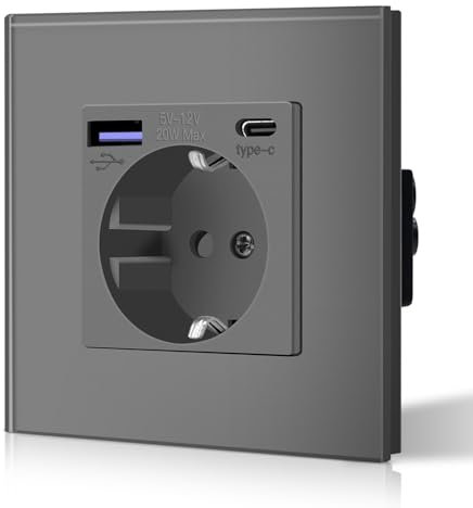 BSEED Steckdose aus Glas mit 20W USB C, Schnellladegerät Wandsteckdose, 3 in 1 Unterputz Steckdosen, Einfache Installation, 240V 16A, 86mm 1 Fach Grau
