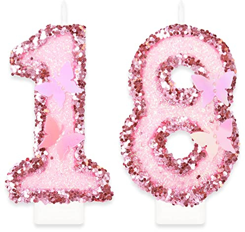 Födelsedagsljus siffror 18, fjäril ljus födelsedag, personliga manuella födelsedagsljus, rosa paljetter tårtdekoration, tårtdekoration 18 födelsedag för kvinnor flickor födelsedag årsdag