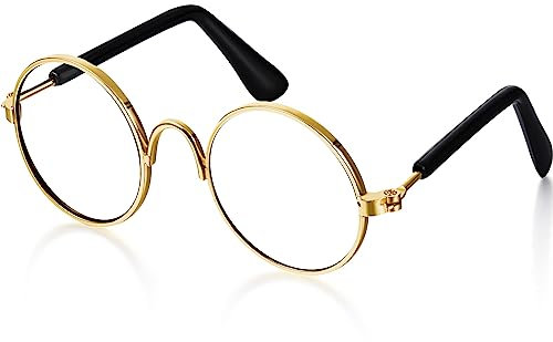Hunde-Sonnenbrille, Retro-Haustierbrille, Puppenbrille, klassische runde Hundebrille, Metall, Katzen-Welpenauge, Hippie-Kostüme für Katzen und Hunde, Foto-Requisiten, Cosplay-Party-Kostüm (Gold, ohne