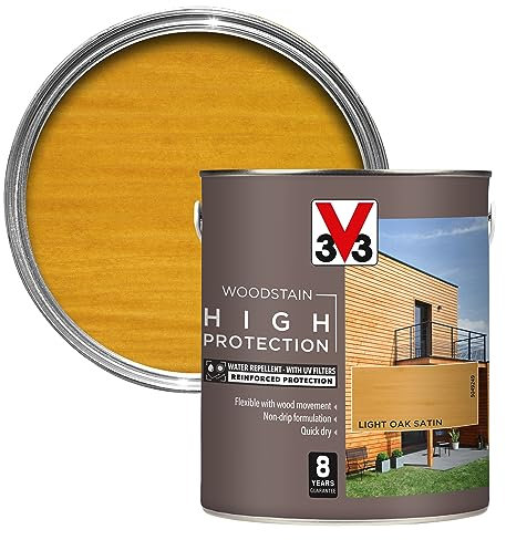 V33 High Protection Woodstain - 8-Year Guarantee - UV Filters - Water-Repellent - Quick-Drying - Only 2 Coats - Light Oak 2.5 litres