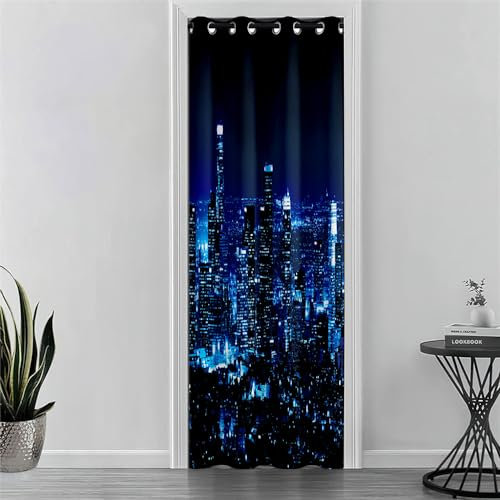 Odot Türvorhang mit Ösen, 3D-Stadtnachtszene Druck Blackout Verdunkelung Thermo Gardinen, Raumteiler Vorhang für Fenster Tür Schlafzimmer Schrank, Haus Dekoration (120x200cm,Stil L)