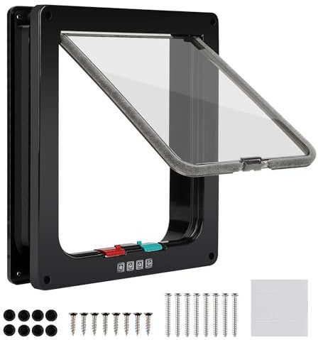 CPROSP Gattaiola Nera con 4 Impostazioni di Blocco, Tunnel Interno Della Porta per Animali Domestici 20 * 22 CM, Telaio Della Porta Della Gattaiola 28,5 * 24,5 * 5,5 CM, per Cani/Gatti