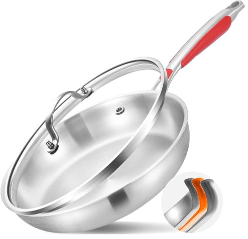 Inqibee 28 CM Tri-Ply Stainless Steel Frying Pan with Lid,Induction Cooking Pan,Detachable Large Ergonomic Handle and Oven Safe