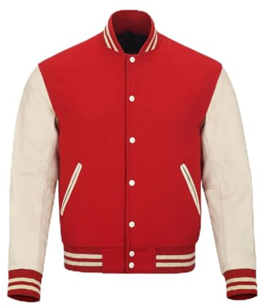 warrior gears Giacche college da uomo con corpo in lana e maniche in pelle, giacca college classica stile bomber retrò a righe, corpo in lana e maniche in pelle, Rosso e bianco sporco - L