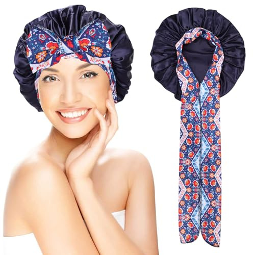 Silk Satin Bonnet Wrap for Sleep, Bath & Shower - Hair Cap with Tie Band for Women & Girls with Long, Curly Hair (Navy)