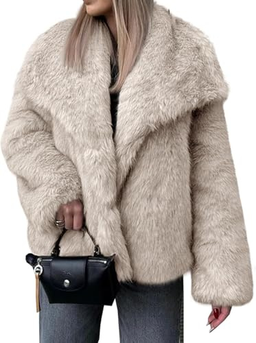 Cappotto da Donna in Pelliccia Soffice Caldo Risvolto Autunno E Inverno Elegante Moda Tendenza Strada Affari Sciolto Morbido Giacca di Colore Solido (Beige,L)