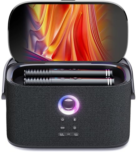 Máquina de Karaoke para Adultos, Pantalla Integrada con Letras, 2 Micrófonos Inalámbricos de Autocarga, Aplicación de Karaoke, Altavoz 140W, Conexión a TV para Fiestas en Casa y Exteriores (Shell S2)