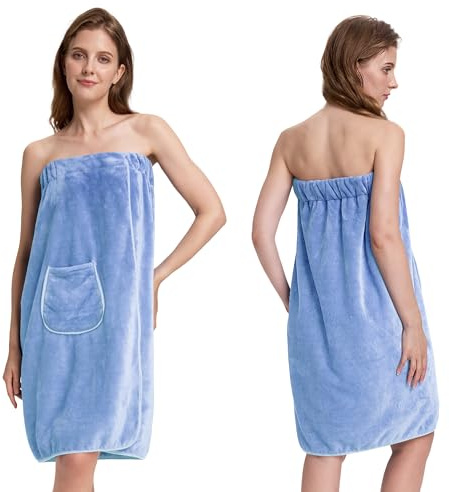 PJGGZ Towel Wrap for Women, Three Adjust Clasps Closure Bath Wraps After Shower Spa Sauna Bathrobe(Available in Plus Size)(Light Blue, S/M