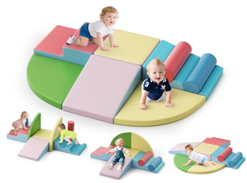 Brolteja Blocs de construction en mousse pour bébé de 1 à 3 ans, tour d'escalade pour bébé avec toboggan, grands blocs de construction pour les tout-petits (couleur macaron 8)
