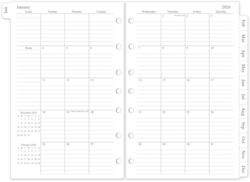 Recambio de planificador mensual 2026, insertos de planificador de tamaño A5 para 7 anillos, 5.5 x 8.5 pulgadas, enero de 2026 a diciembre de 2026, 12 calendarios mensuales con pestañas laminadas, 7