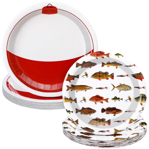 Sawysine 48 Packs Fishing Party Plates for Fishing Theme Party Decoration Disposable Paper Ofishally One Birthday Tableware Include 24 Pcs 7 Inch Fish and 24 Pcs 9 Inch Bobber Plates