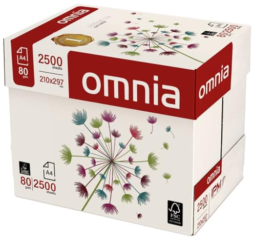 OMNIA Carta A4 80gr per Stampante, 5 Risme da 500 Fogli - 2.500 Totali, ideale per Ufficio, Fotocopie, Multiuso - Bianca