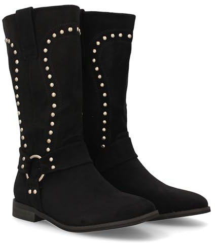 shoes&blues.es 95866 Bota para Mujer de Media Cana con Detalles metalicos. Suela Plana y Tachuelas. Ideal para Otono Invierno. Negro Talla 38