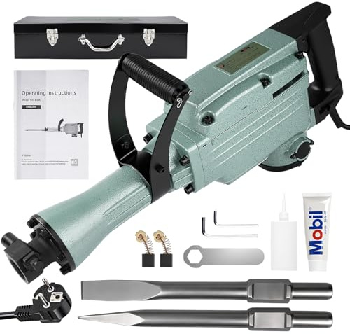 Martillo Demoledor Grande de 1500W 65J, SDS-Hex Martillo Rompe Hormigón con Cincel Puntiagudo, Cincel Plano y Estuche de Transporte, Mango Antivibración, para Hormigón, Construcción, Renovación