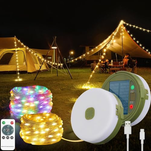 Solar Camping String Lights, 10M 100LED 13 Modes Outdoor Waterproof String Lights with Remote Control, 2000mAh Solar & USB Rechargeable Camping Fairy Lights for Tent, Camping, Garden