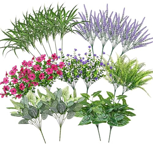 Konstgjorda växter blommor som äkta, 20 st 7 arter konstgjorda växter utomhus väderbeständiga konstgjorda balkongväxter UV-resistent ormbunke lavendel konstgjorda blommor plastväxt för utomhusbruk