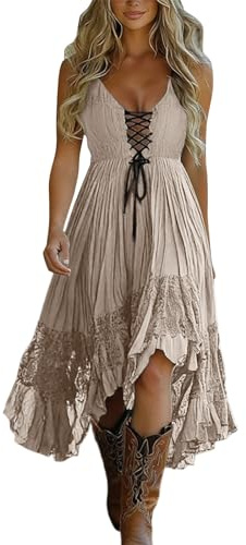 Robe de style country western pour femme - Avec lacets sur le devant - Robe longue bohème unie - Bretelles spaghetti - Sans manches - Col en V - Vokuhila - Robe plissée à volants, kaki, L