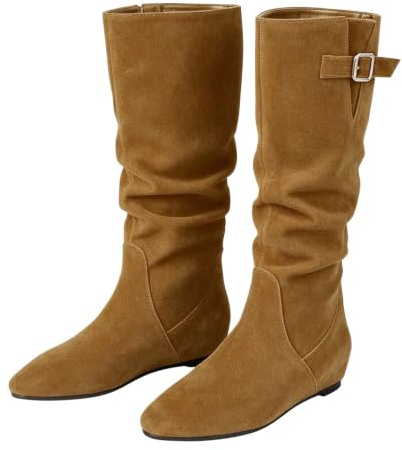 Slouchy Mid Vad-stövlar för kvinnor platt mocka look spänne vardagsskor, Khaki, 39 EU