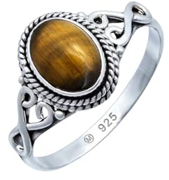 mantraroma Anello da donna in argento 925 con pietra preziosa occhio di tigre marrone insolito e giocoso