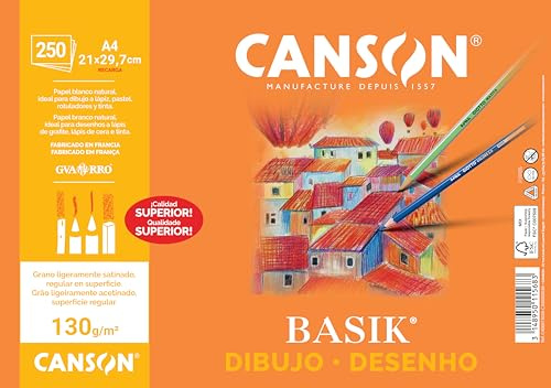 Canson Dibujo Basik, Papel de dibujo blanco, Grano fino, 130gsm, Hoja, A4-21x29,7cm, Blanco natural, 250 Hojas