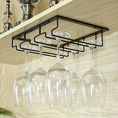 Warmiehomy Hanging Wine Glass Rack, Under Cabinet Stemware Rack Under Shelf Cabinet for Bars Kitchen Metal Black Champagne Glass Goblets Stemware Rack Holder (30x22.5/3 slots)