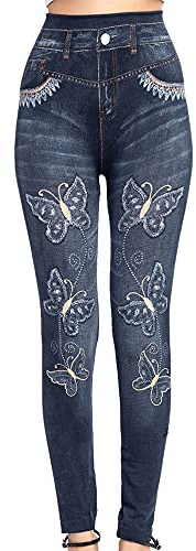 PRJN Dam smal passform hög midja stretchiga jeggings damer dragkedja jeans byxor leggings dam denim look leggings smala jeggings stretchiga jeans slim fit kvinnors denim fjäril tryck leggings, A-svart, M