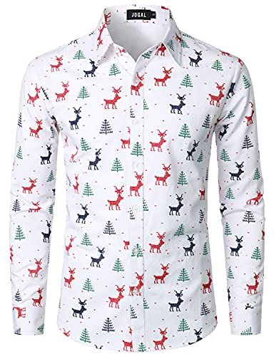 JOGAL Herren Funky Christmas Print Weihnachtsmann Hemd Langarm Button Up Freizeithemd Weiß Mittel