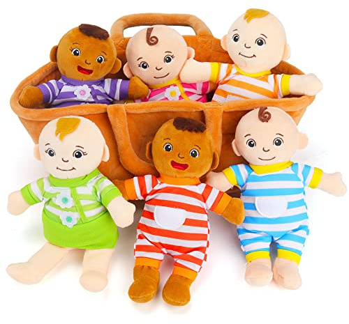 Qpewep Basket of Babies Plush Dolls, 8 Plush Diversity Baby Dolls- 6 Piece Set Interchangeable Clothes Stuffed Plush Figures for All Ages