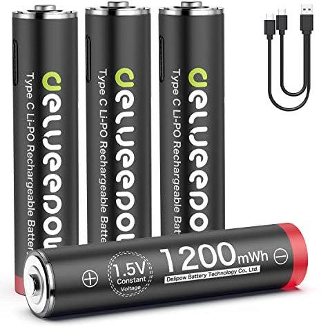 Pilas Recargables AAA Delyeepow 1200mWh Cable de Carga USB Tipo C, batería AAA de Iones de Litio de 1,5 V más de 1500 ciclos, Paquete de 4