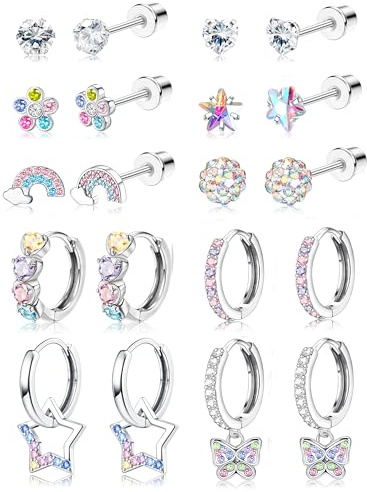 JeweBella 10Paia Piccoli Orecchini per Donna Ragazze Acciaio Chirurgico Ipoallergenico Set di Orecchini a Cerchio Pendenti Farfalla Fiore Zircone Multicolore Cartilagine Bambina Anallergici
