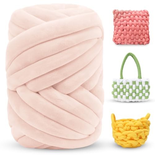 LEREATI Thick Chunky Yarn for Arm Knitting Jumbo Tube Soft Chunky Knit Blanket Velvet Yarn for Crocheting Handbags Hand Knitting Pet Bed Rugs Pillows Crafts (500g, Light Pink)