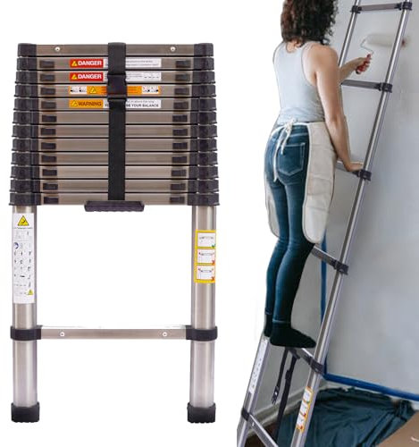Échelle Télescopique 3,8M Escabeau Telescopique Pliable échelle Pliante en Acier Inoxydable, Marchepieds escamotables, Charge Max 150 kg
