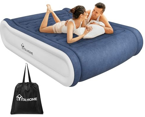 YITAHOME 2x1,5m Deluxe Luftmatratze Selbstaufblasend 2 Personen, Luftbett mit Integriertem Kissen & Eingebauter Elektrischer Pumpe, Aufblasbare Bett mit Tasche für Gäste Heimgebrauch, Blau & Weiß