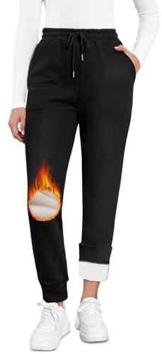 EDOTON Warme Damen Jogginghose Winter Fleece Verdickte Thermo Hosen Gefüttert mit Taschen Kordelzug Trainingshose Outdoor Freizeit Sporthose Sweatpants (A Schwarz,L)