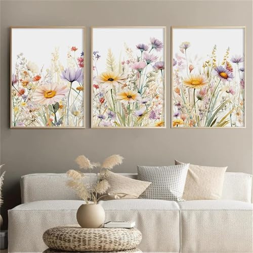 champracer Set de 3 imágenes para salón, acuarela floral, decoración de pared, lienzo de arte con flores, sin marco, póster de arte para dormitorio, oficina (40 x 50 cm, A)