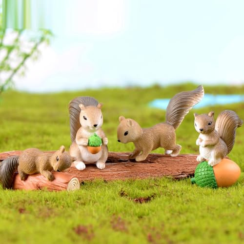 KARLOR Mini figuras de ardilla – Juego de 4 piezas con cono de pino, adornos de animales en miniatura de resina para decoración de jardín