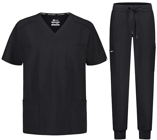 B-well MATTEO Divisa Sanitaria Uomo Elastica | Set con Casacca e Pantalone Jogger | Uniforme con Spandex, Nero, S