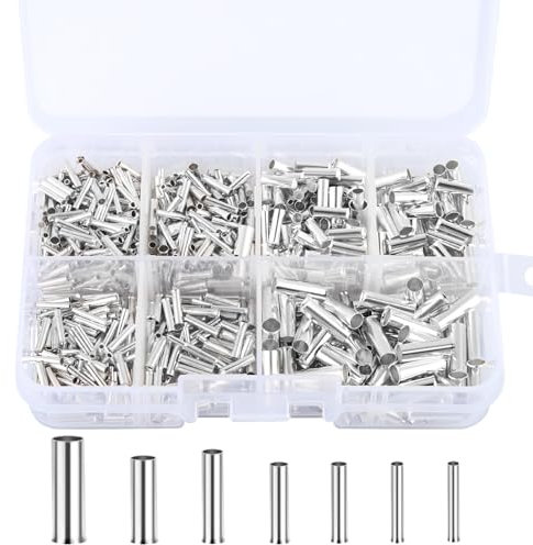 1000 Pièces Embouts de Câble Non Isolés, 7 Types Connecteurs Bout à Bout Non Isolés, 10-22 AWG Embouts de Fil, Terminaison à Sertir Cosses pour Projet électrique (0,5/0,75/1,0/1,5/2,5/4,0/6,0mm²)
