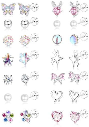 FIOROYAL 14 Paires Boucles d'Oreilles pour Femme Filles Enfant, Hypoallergéniques Boucles d'oreilles Acier Chirurgical aux Oreilles Sensibles, Mignonnes Fleur Perle Cœur CZ Petites Boucles D'oreilles
