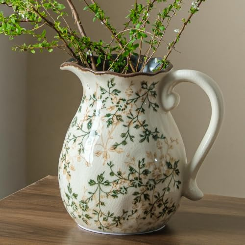 Ceramic Flower Vase for Home Decor, Vintage Green Pitcher Vase 8 Inch