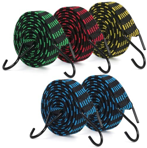 5Pcs Bungee Cords with Hooks, IKR Bungee Straps 2m/6.6ft Long Elastic Bungee Rope Luggage Bungee Straps Anti-slip Flat Elasticity Rubber Straps for Luggage Camping Roof Racks Moving Cargo