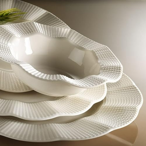 Ensemble élégant de 18 pièces, 100 % porcelain, blanc, avec plaques de service (6), assiettes à dessert (6), assiettes à dessert (6) | Lave-vaisselle et Microwave Safe