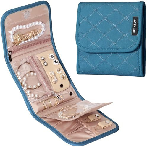 BELALIFE Travel Jewelry Case Organizer, Small Foldable Storage Roll for Earrings, Necklaces, Rings, Bracelets, Brooches, Lake-Blue
