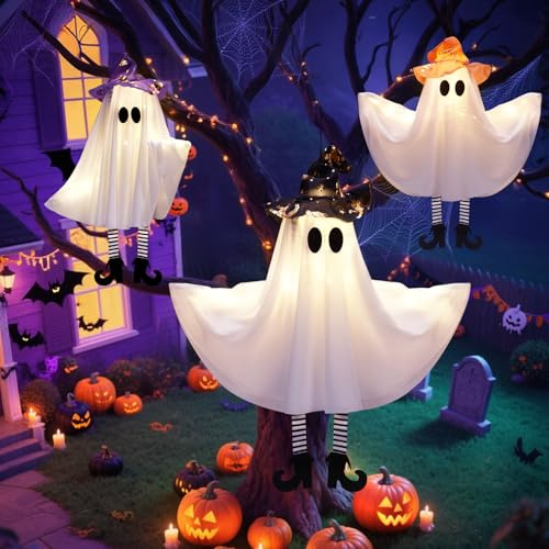 BomKra Halloween Deko Outdoor Geist - 3 Stück Hängende Geister mit LED Lichtern, Gruselige Dekoration für Innen Außen Party Hof Garten Patio