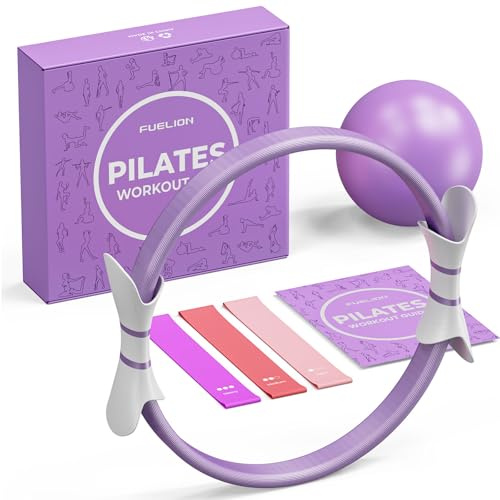 Fuelion Pilates Ring Set Pilates Kit with 14 Magic Circle Dual Padded Handles,9.8 Mini Ball,3 Resistance Bands(15, 25, 35 lbs),Pump&Workout Guide,Pilates Equipment for Strength,Flexibility,Toning