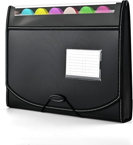 13 Pockets File Organiser, Accordion Expanding File Folder, Document Organiser with 12 Tabs, Folders for Paperwork A4 for Home, Office, and School, Black