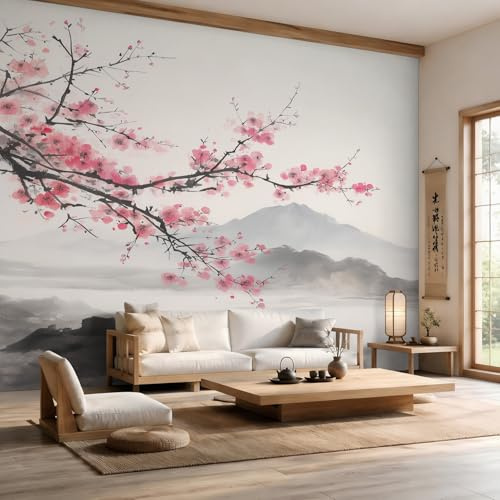 Générique Papier Peint Panoramique Fleur de Cerisier 250x175, Tapisserie Murales Papier Peint Peinture a l'Encre Montagne Japonais Décoration Murale Salon, Intissé Wallpaper W&39
